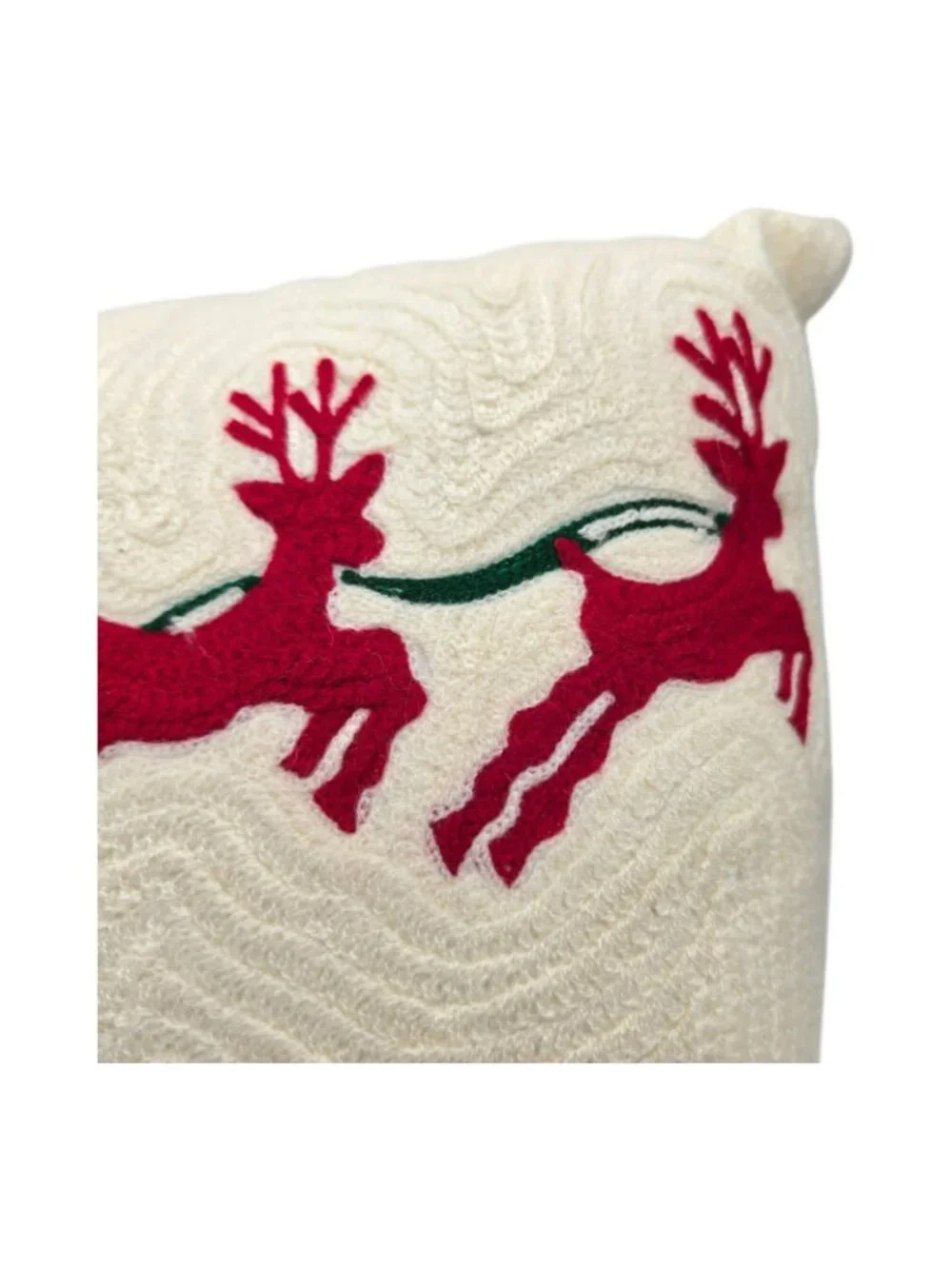 Santa Sleigh Reindeer Christmas Decorative Throw Pillow Ivory Red Cotton Wool